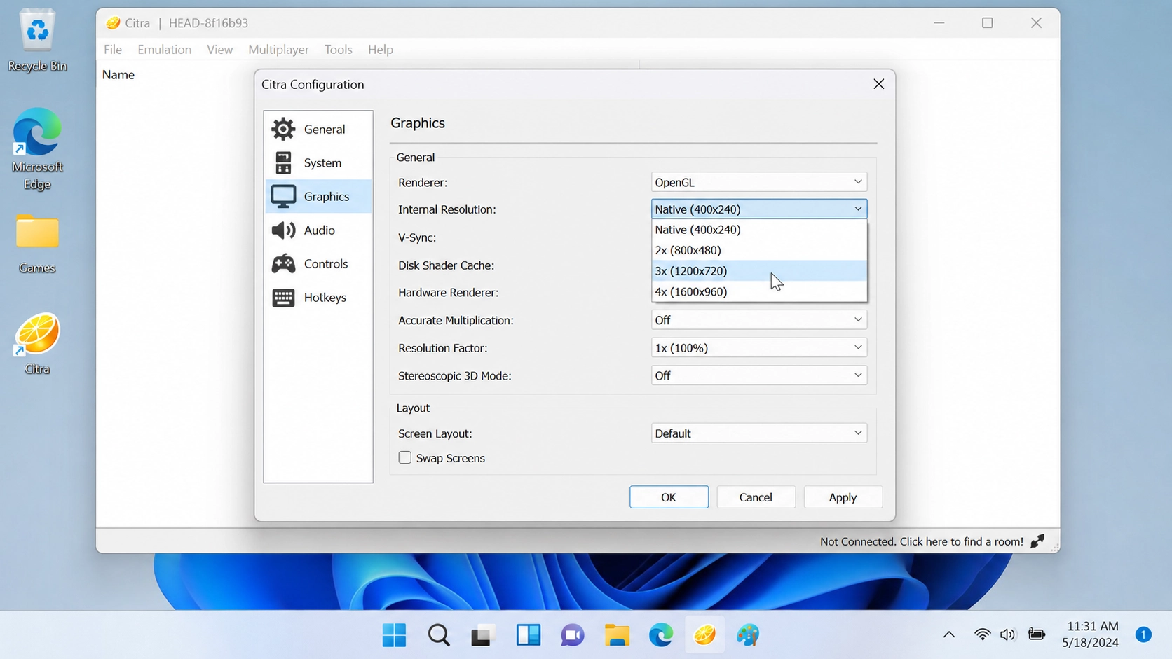 The graphics configuration window in Citra showing the internal resolution dropdown menu for better performance