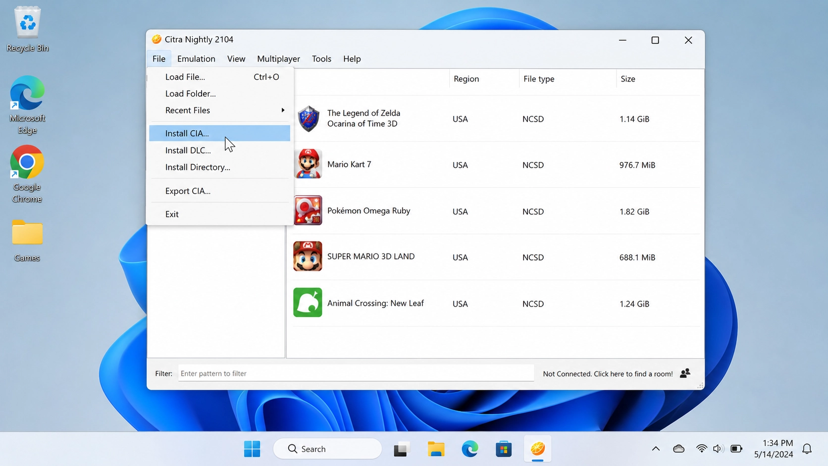 A step by step guide screenshot showing the File menu and Install CIA option in the Citra emulator interface