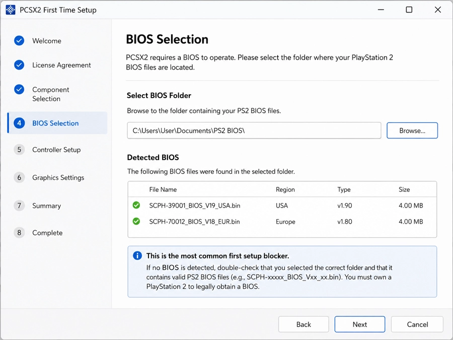 PCSX2 first setup BIOS folder selection screen