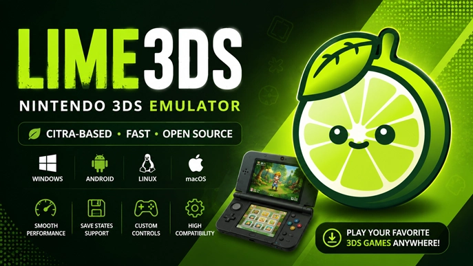 Lime3DS emulator download banner for Windows Android Linux and macOS
